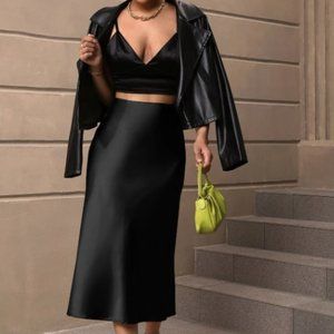 AND NOW THIS | Black Satin Midi Skirt